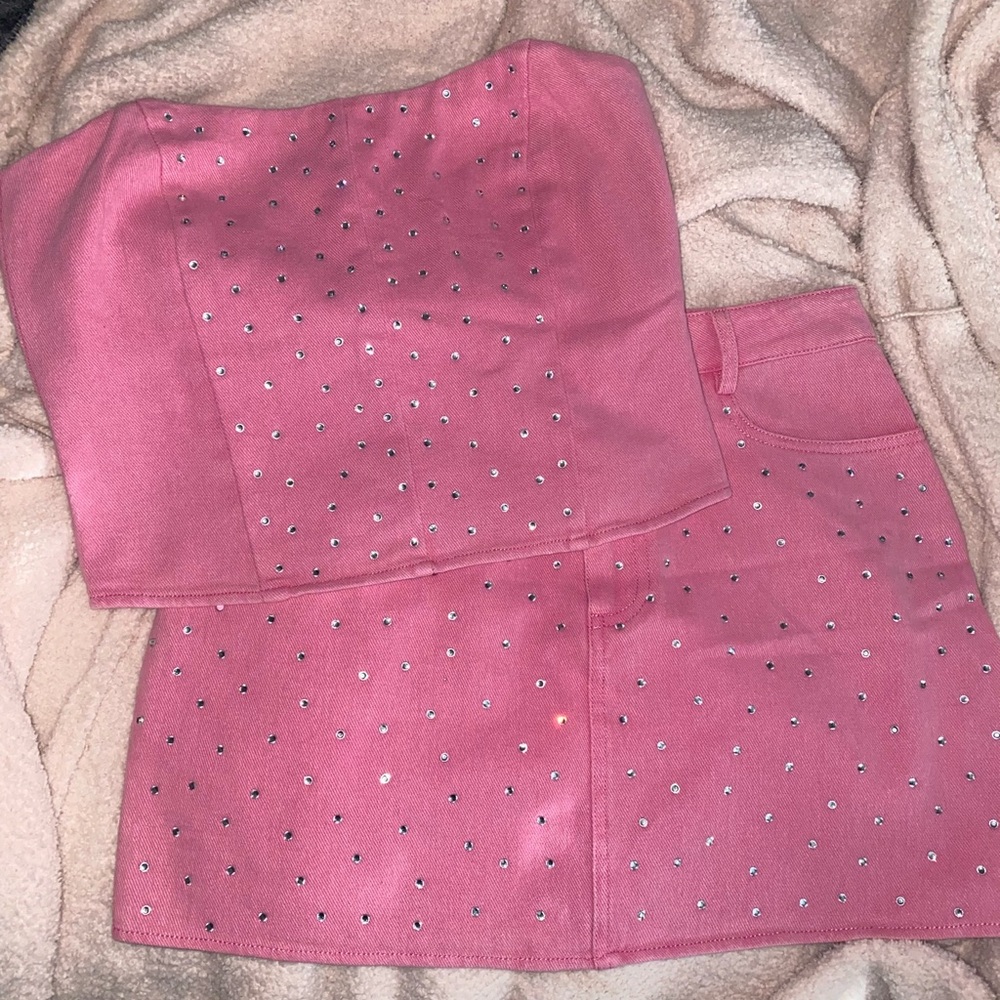 Le Lis Pink Denim Rhinestone Set